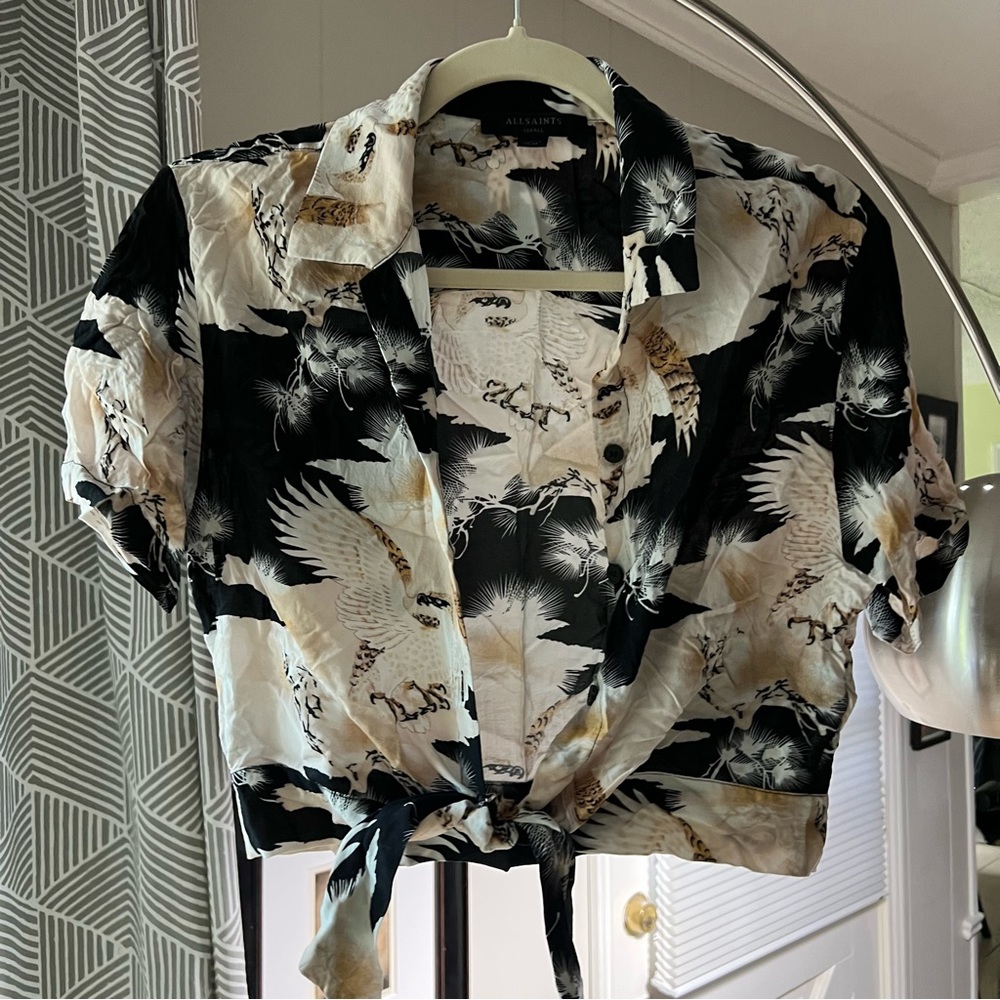 AllSaints Tie Waist Crop Button Up Tee - S
